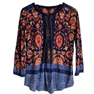 Lucky Brand Boho Printed Popover Tunic Top 3/4 Sleeves Stretchy Lightweight NWT